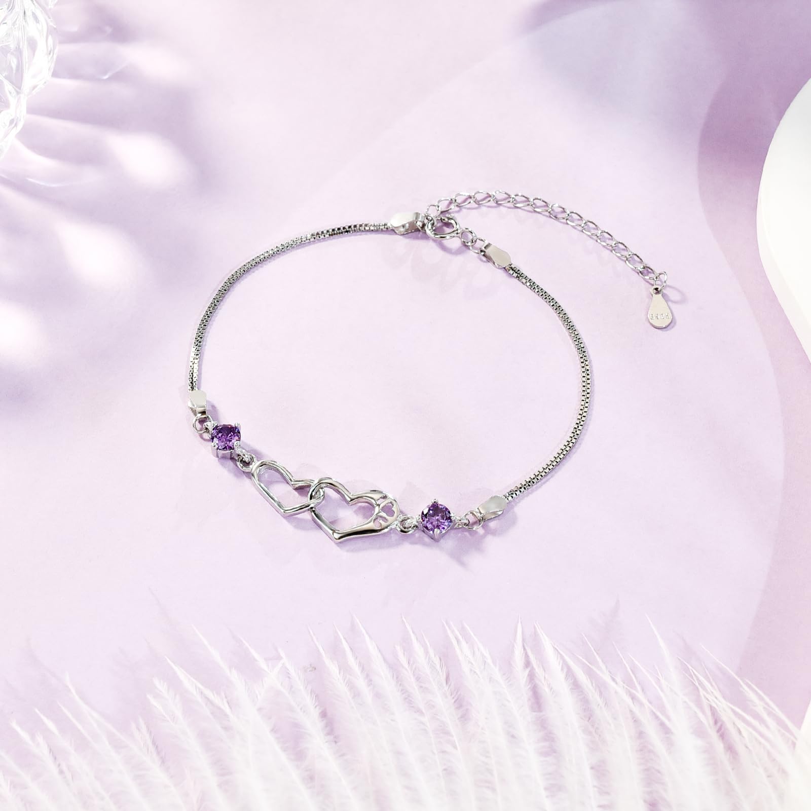 FANCIBAND Pulsera de mujer de plata 925 con doble corazón con circonita púrpura, personalizada, pulseras de mujer plateadas, regalo de cumpleaños de San Valentín para ella esposa novia, Talla única,