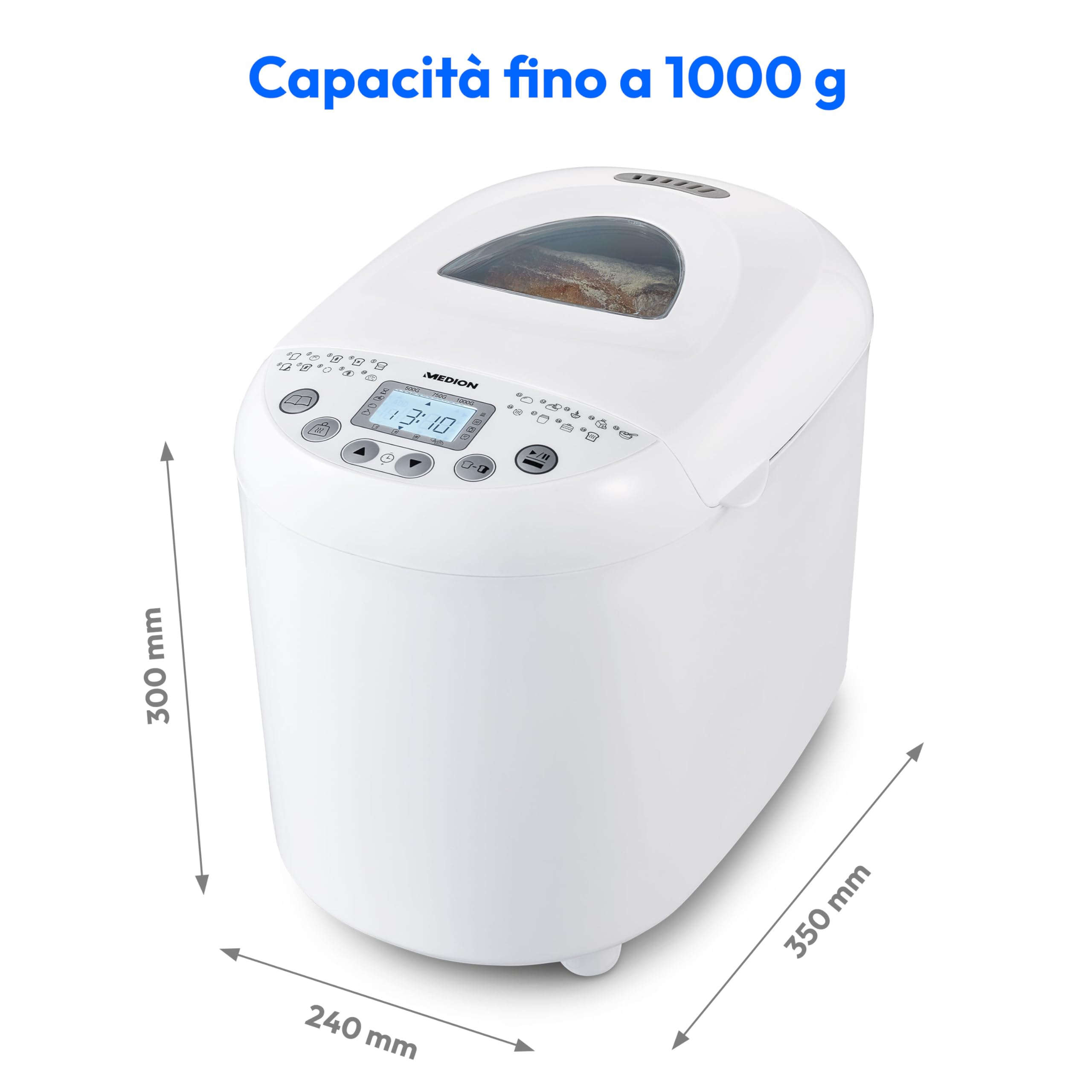 MEDION Macchina per il pane fino a 1000g, macchina del pane con 19 programmi, funzione mantenimento calore, robot da cucina multifunzionale, impastatrice, fornetto elettrico con timer, MD 11011