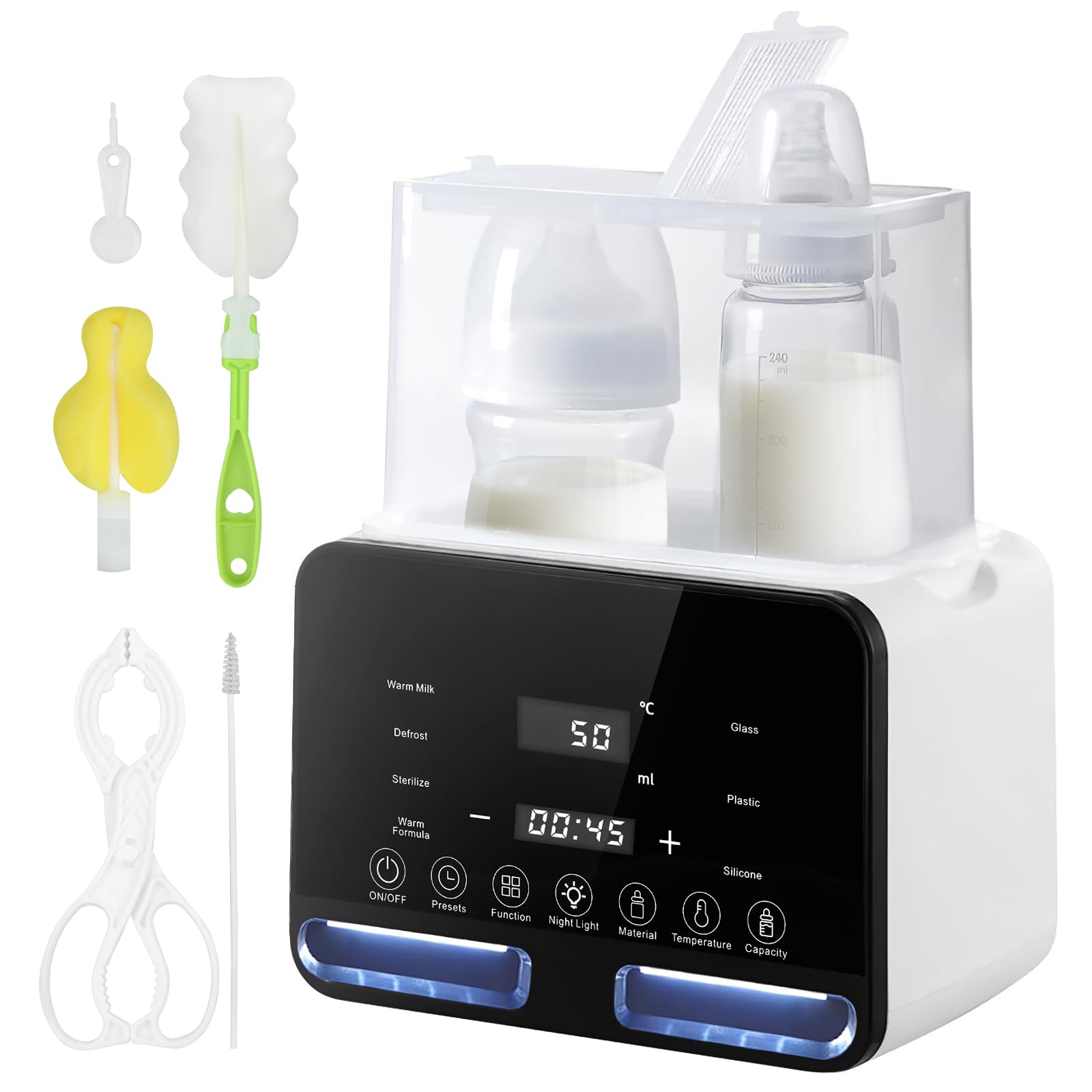 Baby Bottle Warmer, 9-in-1 Double Bottle Sterilizer with LCD Display, Preset Heating & Defrost Bottle Warmer with Night Light, Breastmilk or Formula Warmer with Accurate Temperature Control, BPA-Free