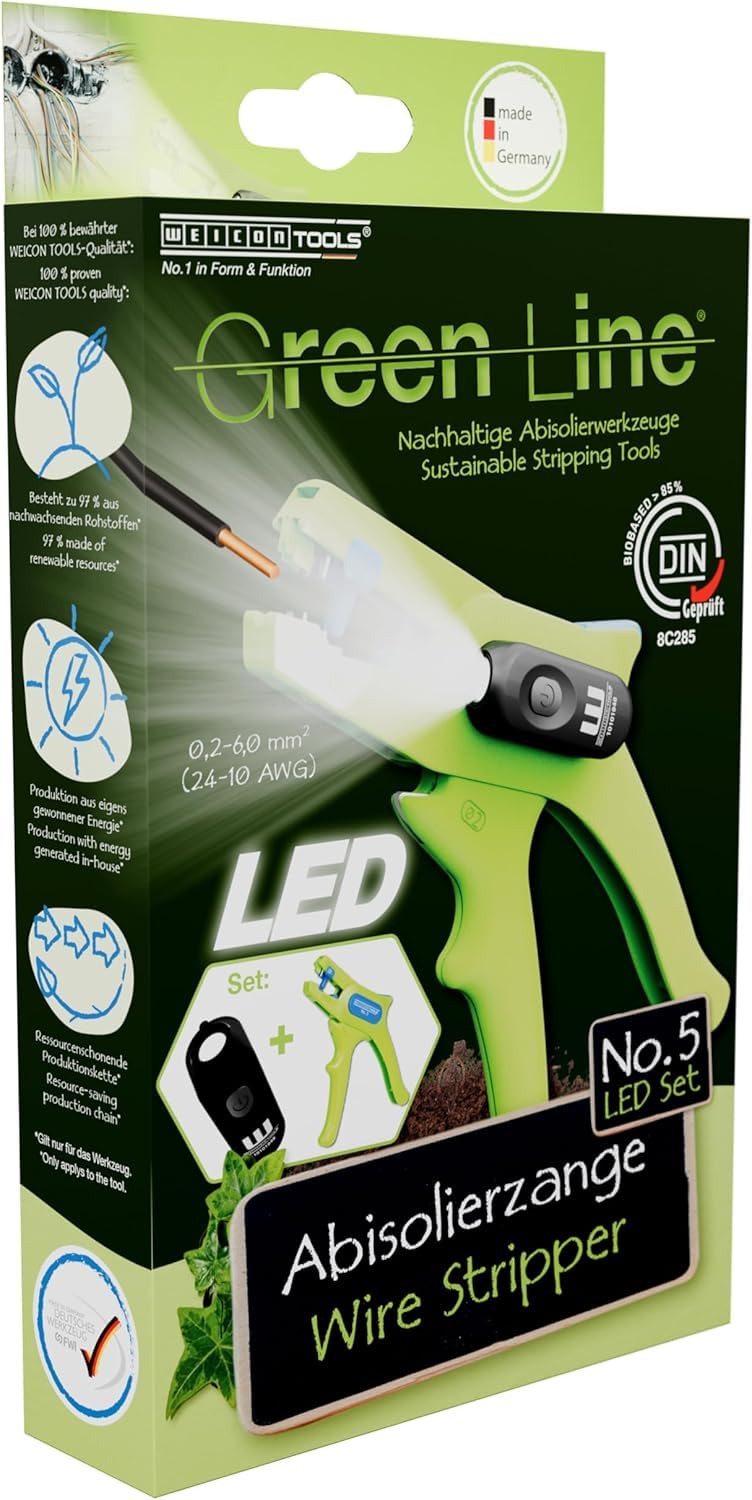 WEICON Pinza spelafili n. 5 Green Line LED, spelafili di precisione da 0,2 a 6 mm², LED con 3 livelli di luminosità, per aree di lavoro scure