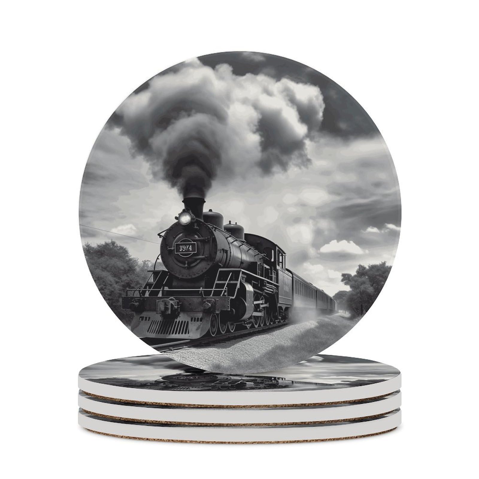 Steam Train Clouds Coaster with Cork Base Drink Coasters for Coffee Table Decor Modern Cup Coasters with Non-Slip & Heat-Resistant Cute Ceramic Table Coaster for Home Dining