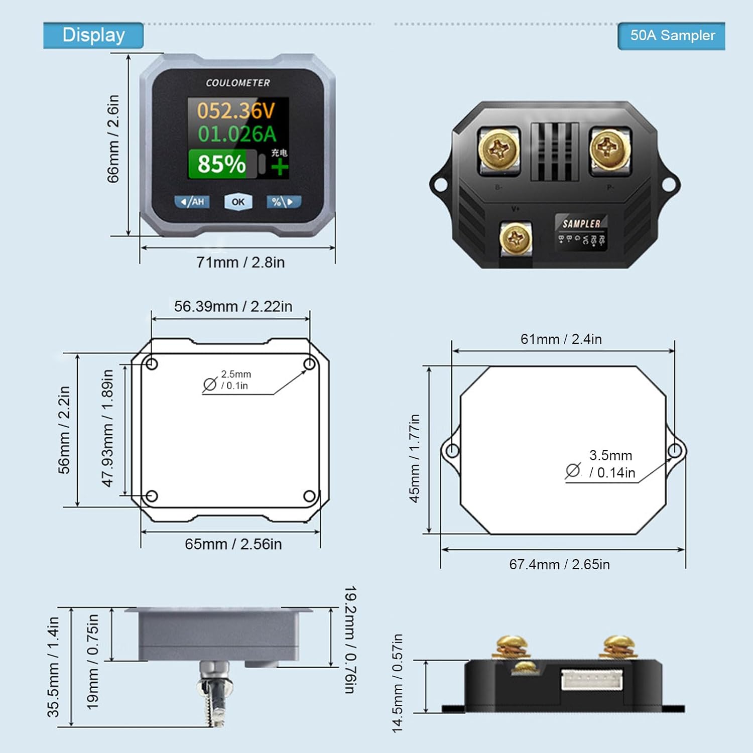 Dimensions of the Walfront 50A Shunt Battery Monitor display and sampເລີ