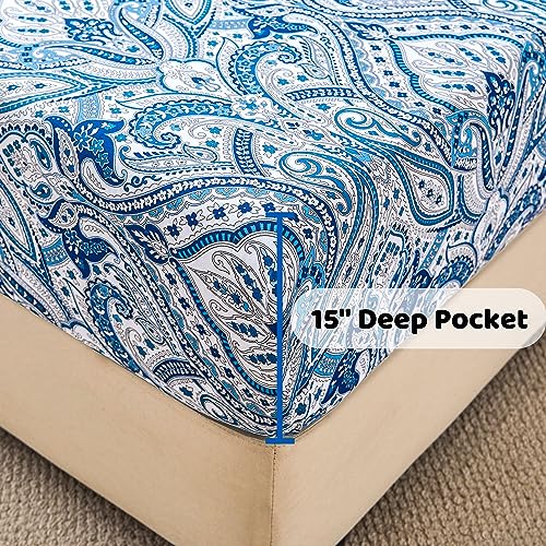 Image of Softan Blue Twin Size Sheet Set, Paisley Printed Bed Sheets for Single Bed, 3-Piece Microfiber Fitted Sheet with 15 inch Deep Pocket & Non-Slip Straps, Patterned Bedding Sheets & Pillowcase Set