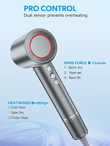 Miniatura 7 de Secador de pelo 2025 para mujer, iones negativos de 3,937.0 ft y motor sin escobillas, diseño de bajo ruido con accesorios de boquilla magnética