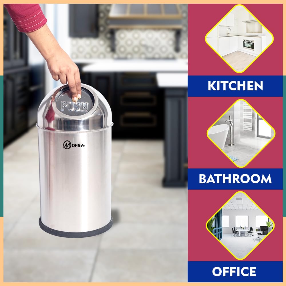 mofna Stainless Steel Push Can Dustbin Trash Can Paper Bin Round Shape use for Home, Office, Kitchen, Bathroom (8x16 Inch, 10 Liter, Silver) 2