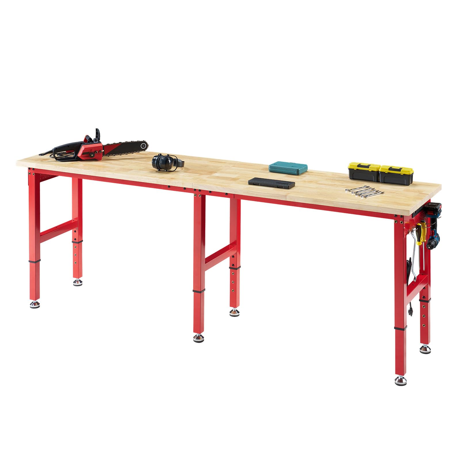 Albott 96x24 in Adjustable Workbench with Power Outlets, 6000 LBs Heavy Duty Work Table with Hooks, Solid Rubber Wood Top, for Garage, Woodworking,