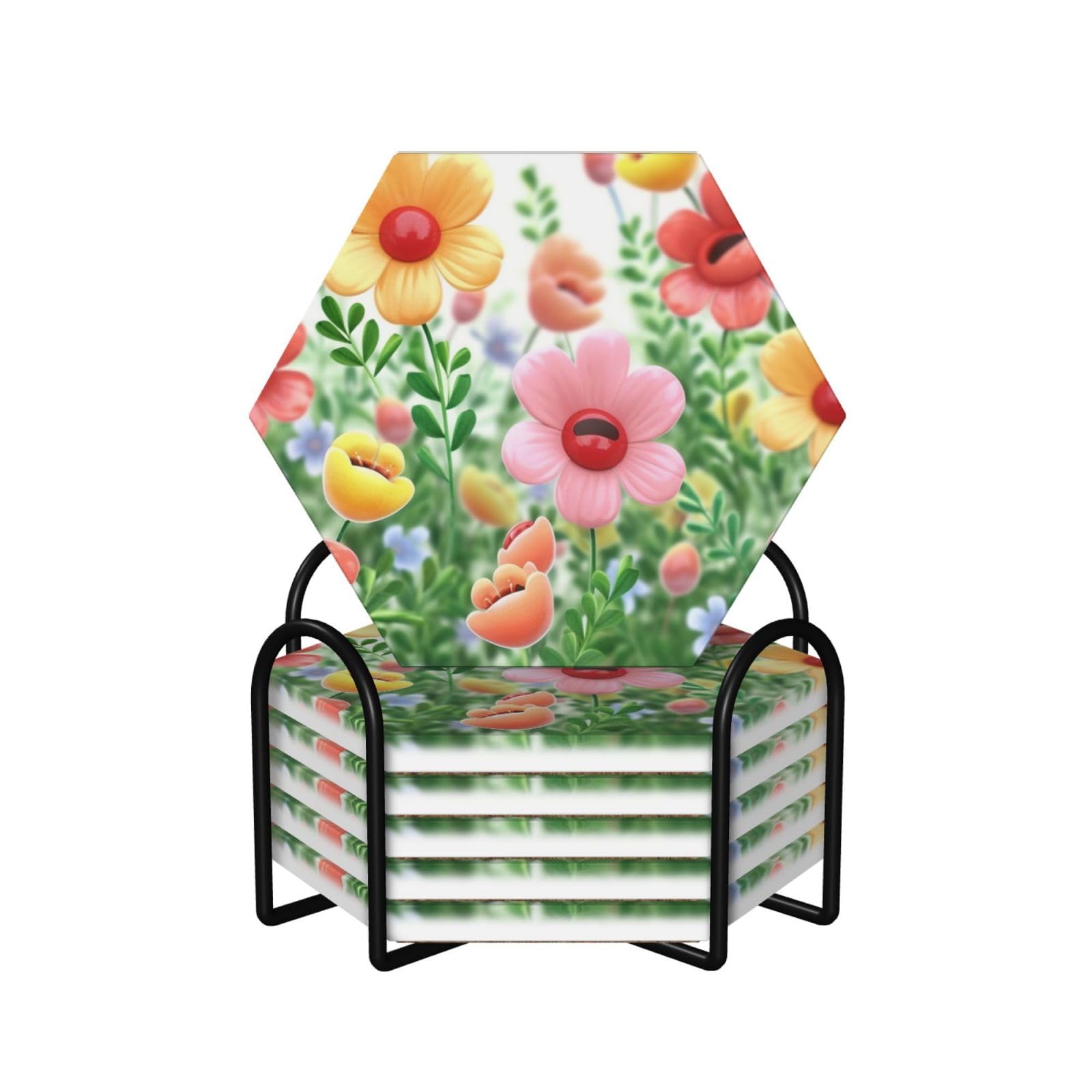 Dessous de verre en céramique lot de 6 avec support liège et motif floral pour table basse