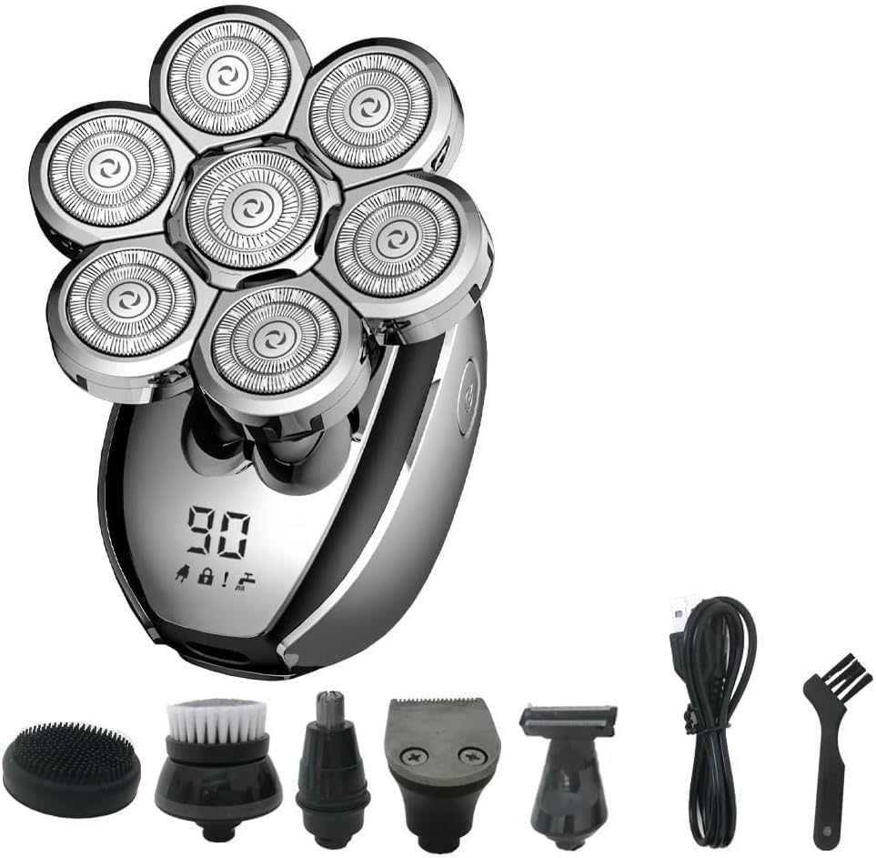 Electric Shavers for Bald Men, 5 in 1 Men Shaver 7 Floating Cutter Head Razor Waterproof Beard Trimmer Nose Haircut Machine Facial Cleansing Tools