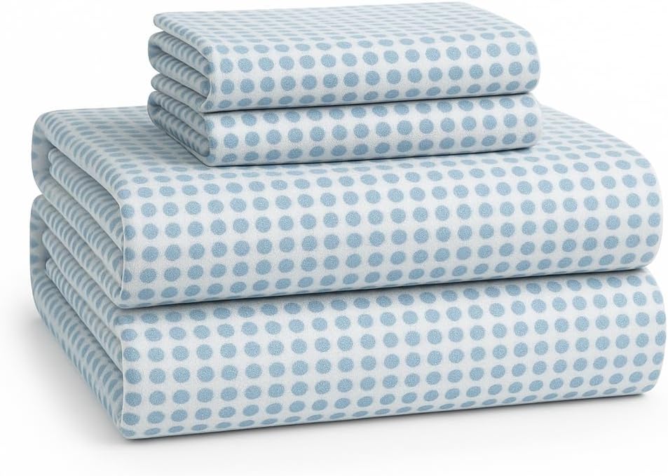 Lane Linen 100% Cotton Queen Flannel Sheets Set - Double Brushed Super Soft, 15" Deep Pocket, Polka Dot Blue - Cozy Winter Bedding