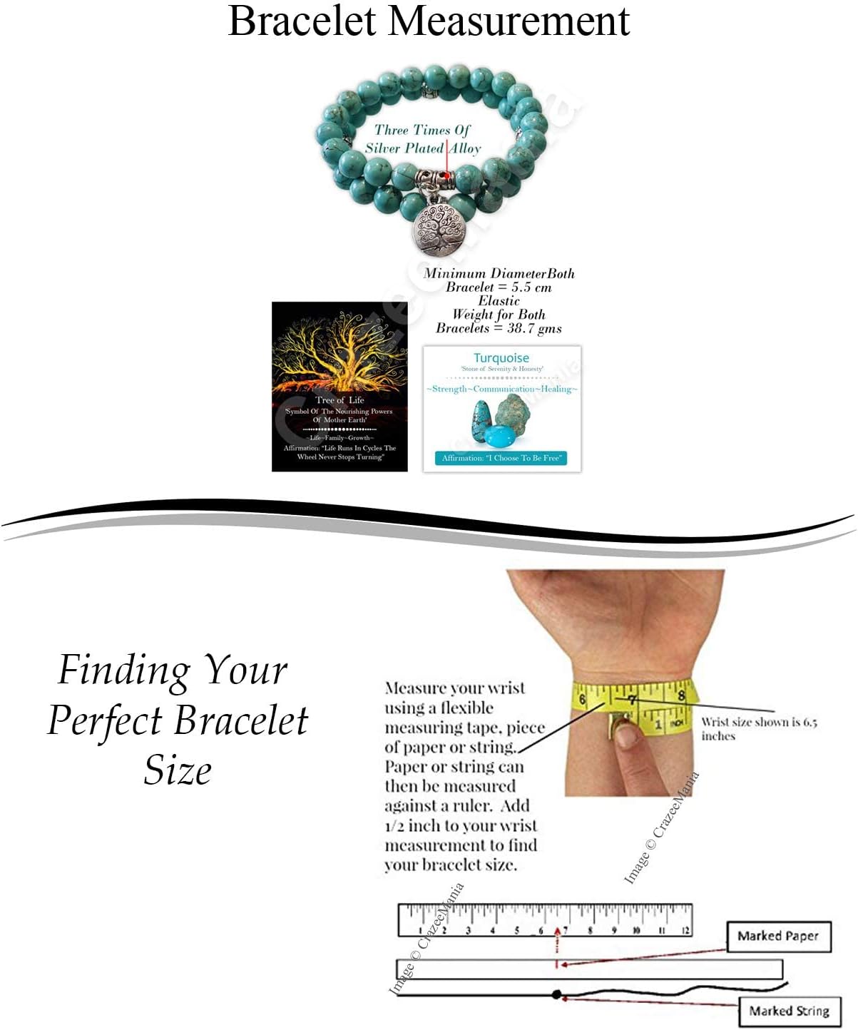 Tongari Natural Turquoise Stone With Life Of Tree Charm Bracelet For Unisex