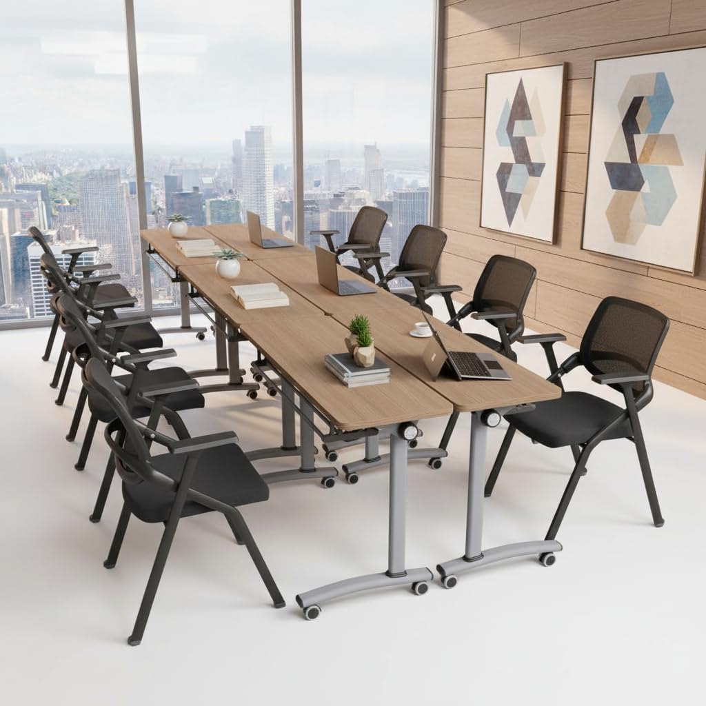Folding Conference Table with Wheels, Flip Top Conference Room Table, Modular Mobile Training & Meeting Room Table Set, Space Saving Nesting Office Boardroom Desk for 6-12 Person, Set of 2/4/6/8