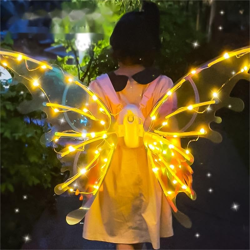 QUANLIN Wings with Led String Lights, Flapping Butterfly Wings, DIY Fairy Wings for Girls Adults, LED Light Up, for Halloween Cosplay Birthday
