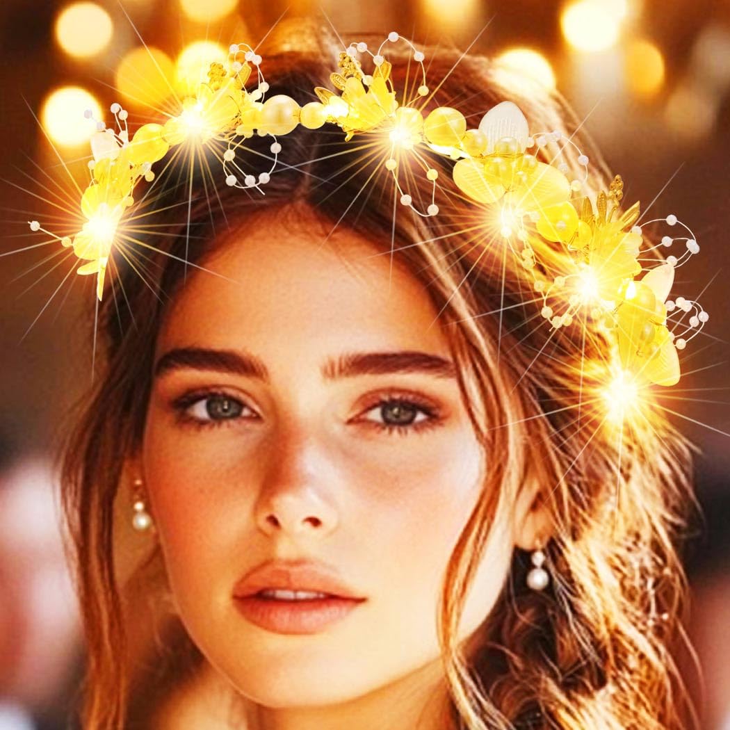 Jovono Light Up Pearl Bride Wedding Headbands Gold LED Flower Bridal Headpiece Leaf Hair Accessories for Women (White, Free size) - Image 2