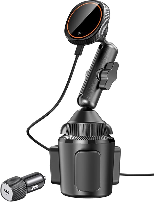 EXELIQ para cargador de montaje en automóvil Qi2 15W Magsafe, soporte magnético para teléfono con taza para automóvil | Ventilador de disipación de calor, carga rápida inalámbrica, soporte para teléfono con portavasos Tri-Pivot para iPhone 17 16 15 14 13 12 [Adaptador PD 30W]