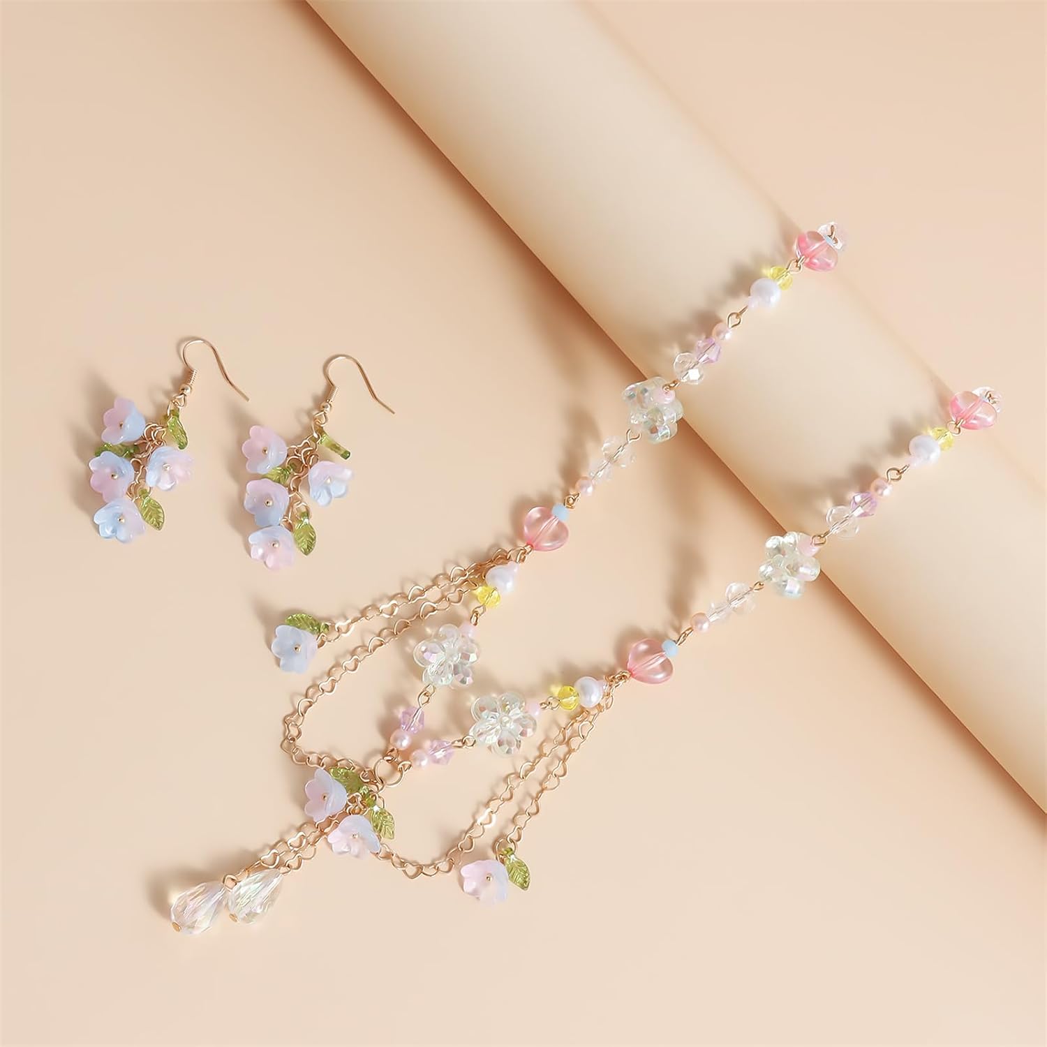 Dreuyet Y2K Lily of the Valley Earring Necklaces Set for Women Dainty Colorful Love Bead String Tassel Chain Necklace Sweet Valley Rose Flower Leaf Dangle Drop Earrings Bride Wedding Spring Summer Jewelry - Image 5