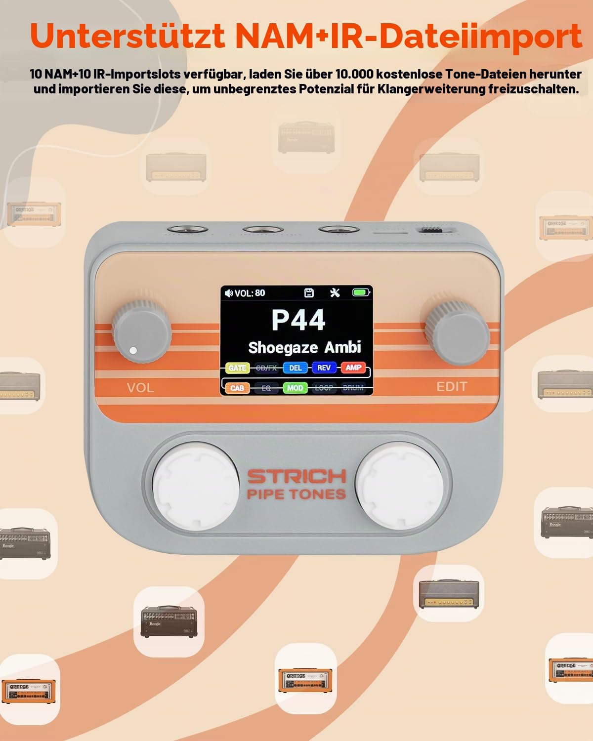 STRICH Pipe Tones Pocket Multi-Effekt Prozessor für Gitarre und Bass, 10 Effektmodule, 125 Effekte, 40s Looper, 100 Drum Patterns, USB Audio Interface, Wireless Control (Grau)