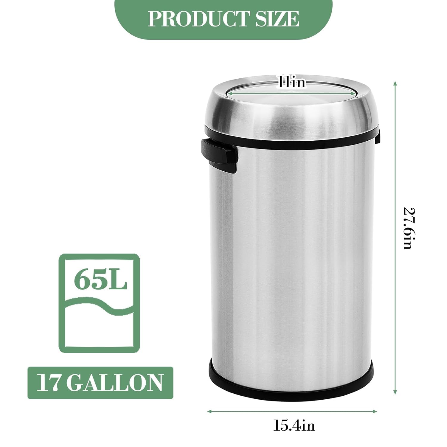 17 Gallon Swing Top Trash Can, 65L Large Stainless Steel Proof Kitchen Garbage Can with Swing Lid, Fingerprint-Resistant, Odor-Control for Restaurant, Home, Office(Silver)