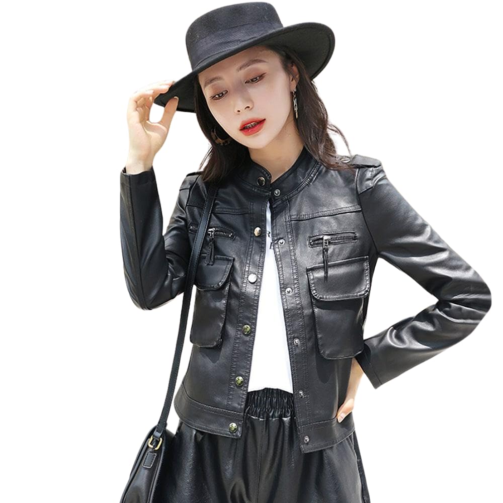 GenericWomen's Leather Jacket Front Button Closure Full Sleeves Slim Leather Jacket Lady Slim Small Coat For Ladies