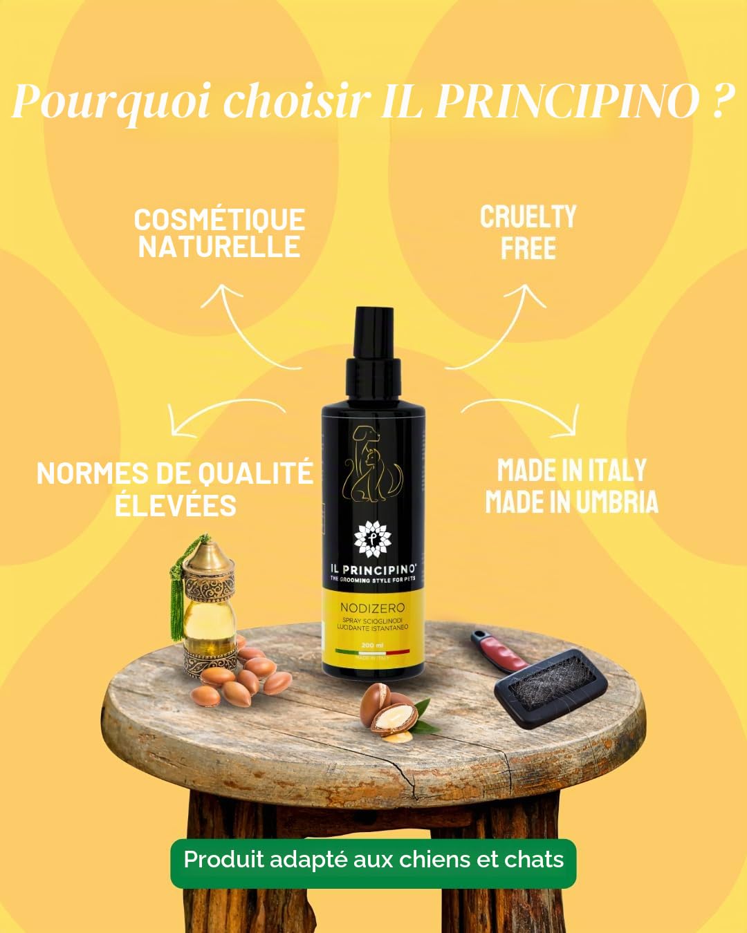 Il Principino - Spray Démêlant chien et chat, idéal pour dissoudre nœuds, demelant chat poils longs, démêlant efficace poils de chien, aide le brossage, illumine,empêche la formation des nœuds 200 ml