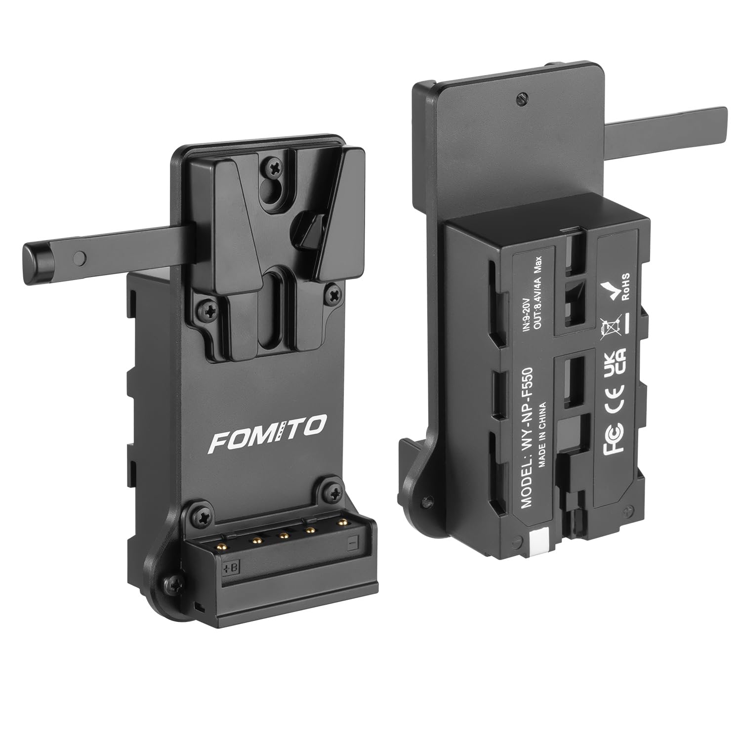 FOMITO NP-F970 F750 F550 Attrappe Akku auf V-Mount Platte Netzadapter für Kamera Monitor Neewer F100 FEELWORLD FW568 F5 T7, LED-Videoleuchte CN160 CN216 YN300 II YN-600 W260