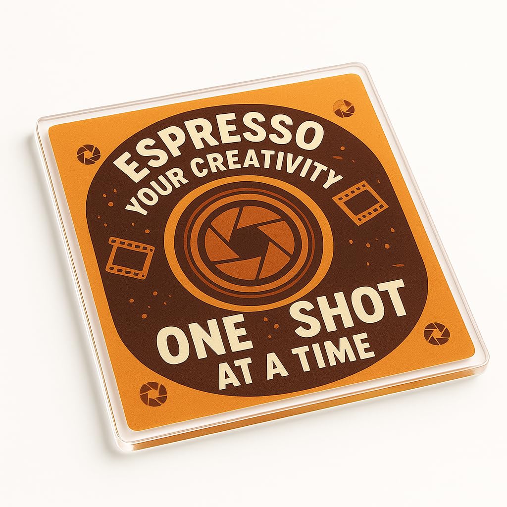 The Plum Penguin Lens & Latte Vibes Acrylic Coaster Gift With Photography & Coffee Humour - Drinkware For Creative Friends