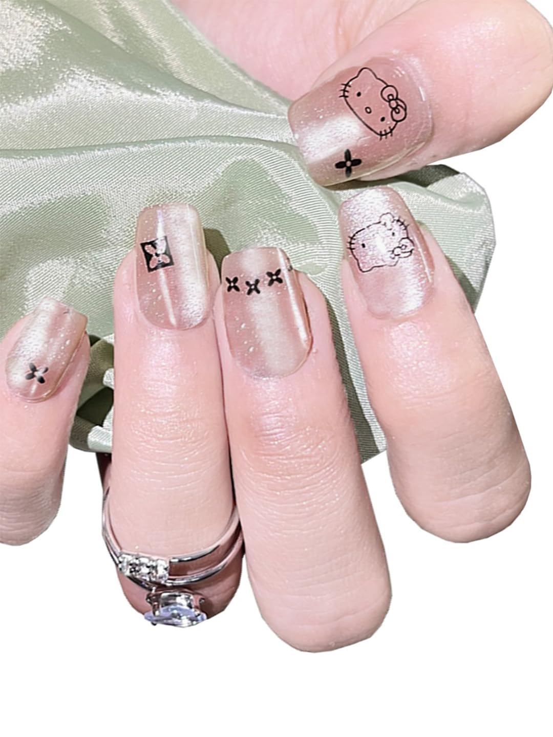 Secret Lives Cats Eye Reusable Artificial Light Brown Color with Hello Kitty Print Design Press on Nails 24 Pieces Set with Kit-image-27