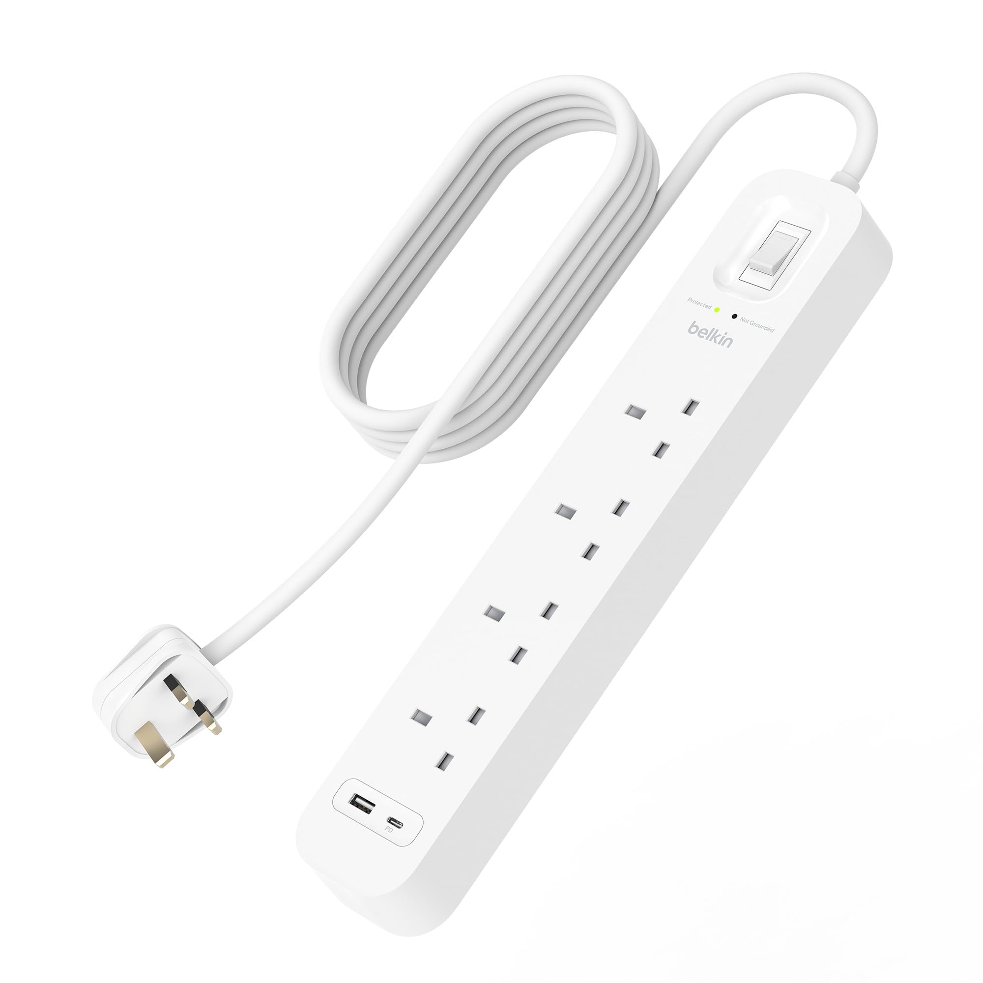Belkin 4-Outlet Surge Protector Power Strip, Wall-Mountable with 4 AC Outlets, 2M Power Cord, & Green Indicator Light - USB-C Port & USB-A Port w/USB-C PD Fast Charging - 525 Joules of Protection