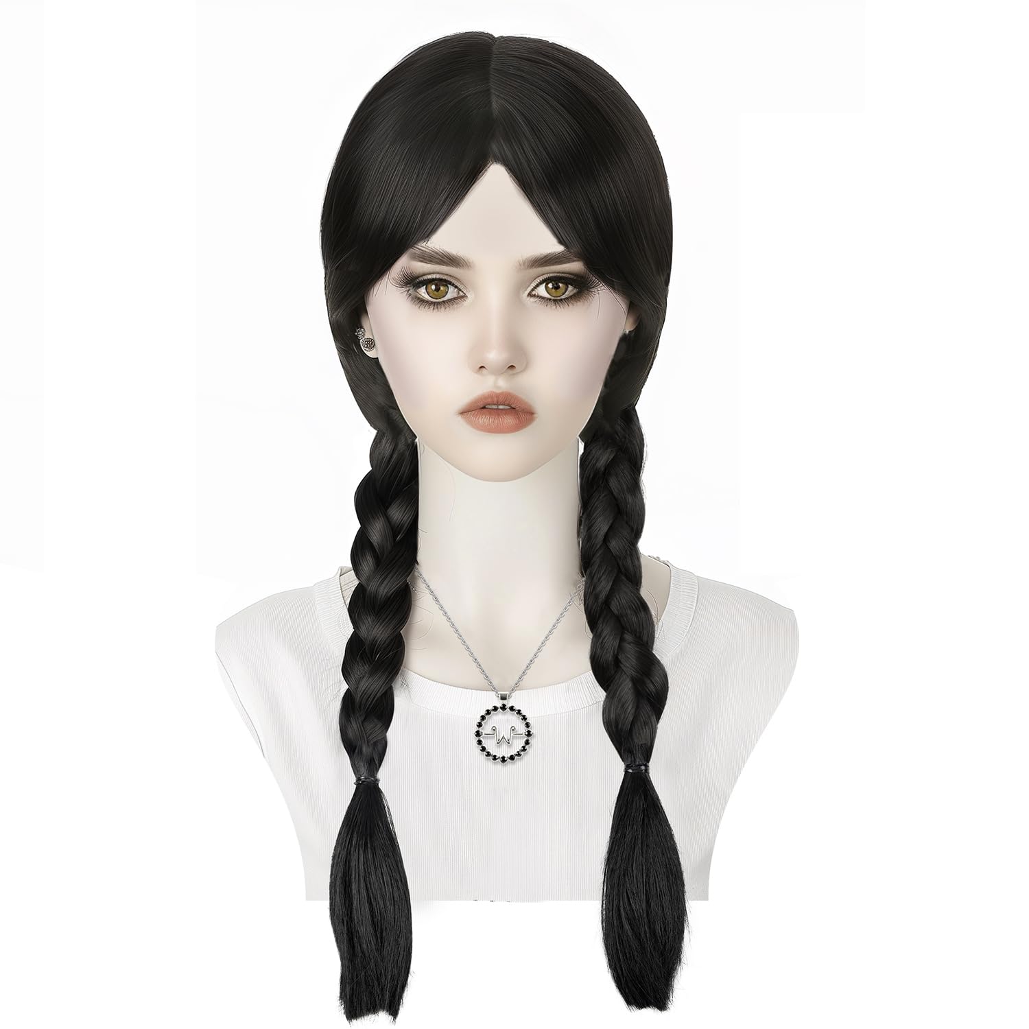 OLIKERWednesday Wig Women Black Braids Wig Girls Twisted Pigtail Wig Halloween Cosplay Costume Party Wig and Necklace