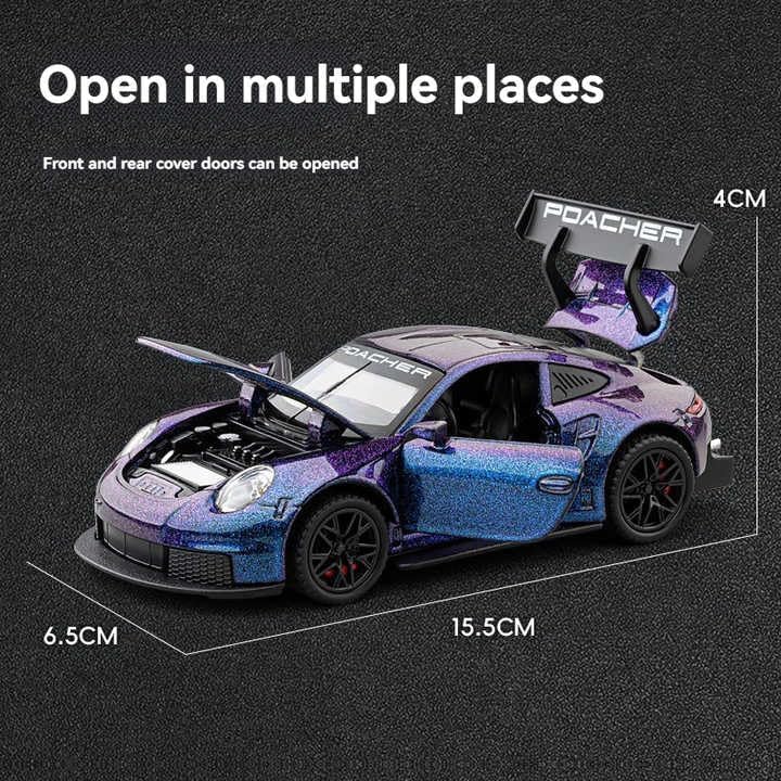 Image of Porsche 911 GT3 1:32 Diecast Model Car - Metal Pull‑Back Supercar with Openable Doors, Lights & Sounds, Realistic Toy for Kids & Adults, Birthday Gift (Colour as a per Stock)