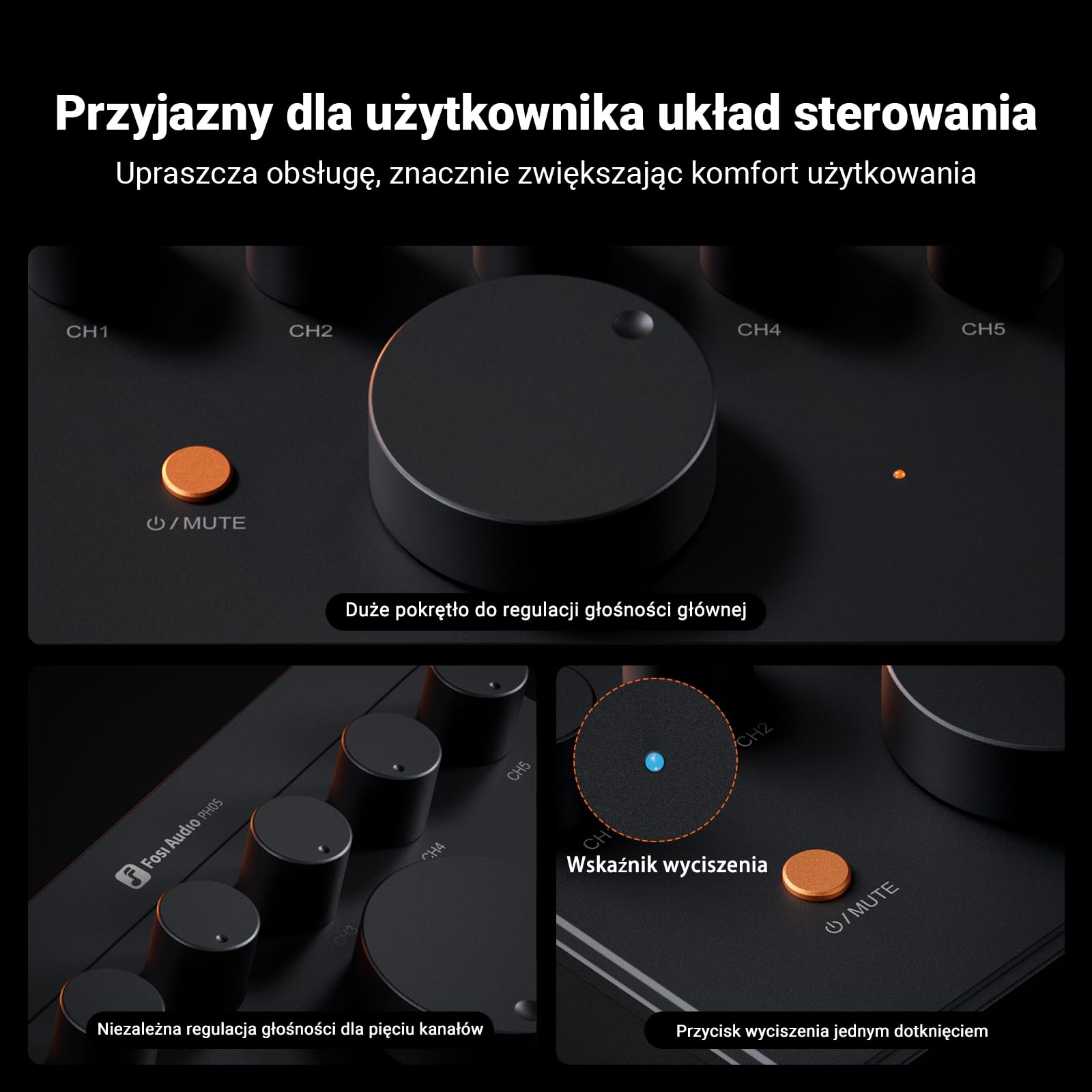 Fosi Audio PH05 5-kanałowy wzmacniacz słuchawkowy z rozgałęźnikiem, mini wzmacniacz słuchawkowy do miksera studyjnego/udostępniania dźwięku z IEM o wysokiej impedancji 16–300 omów