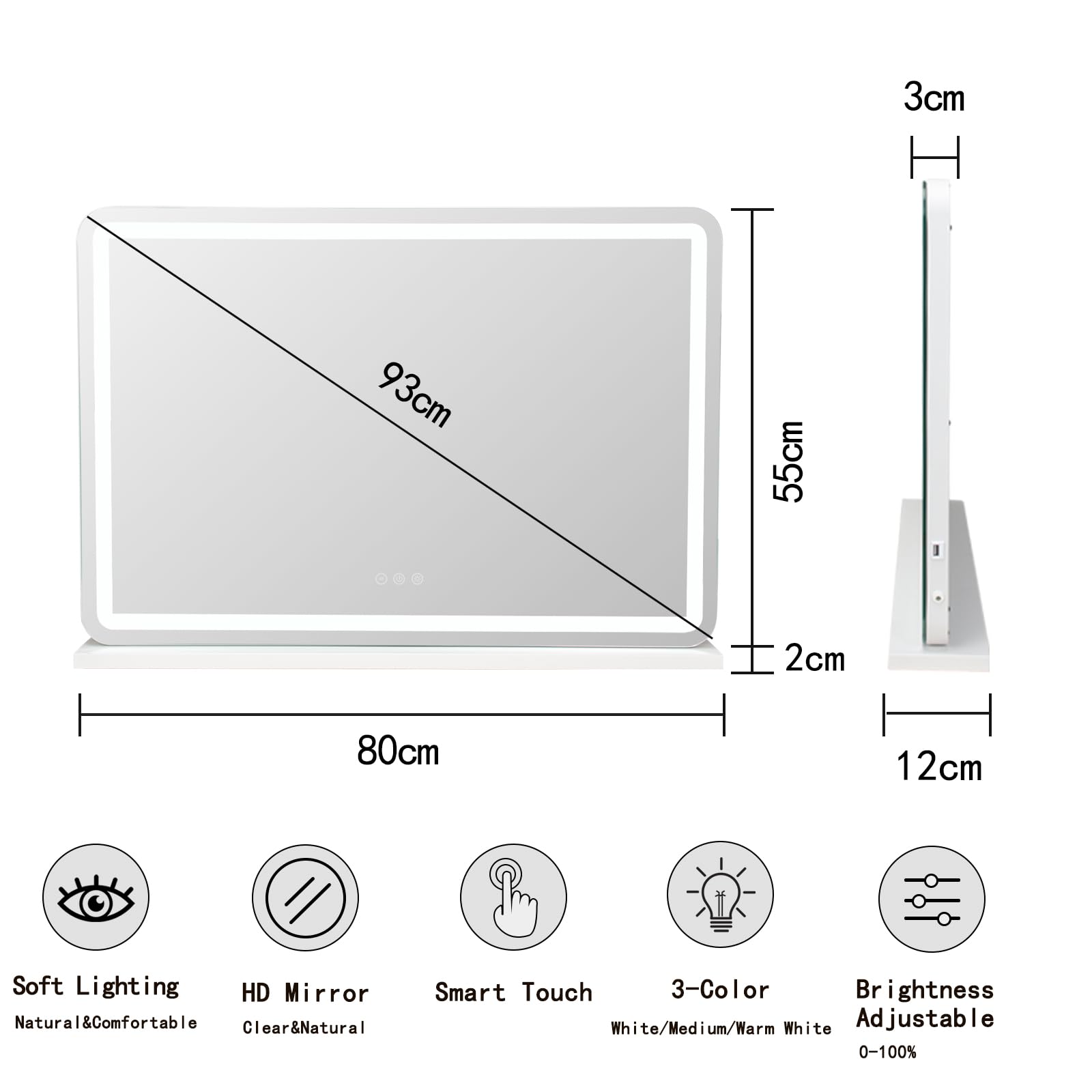 Hollywood Schminkspiegel mit Beleuchtung, Hollywood Spiegel mit 3 Farbtemperaturen, Groß Schminkspiegel mit Touchscreen-Steuerung und USB Für Makeup 80 X 57cm