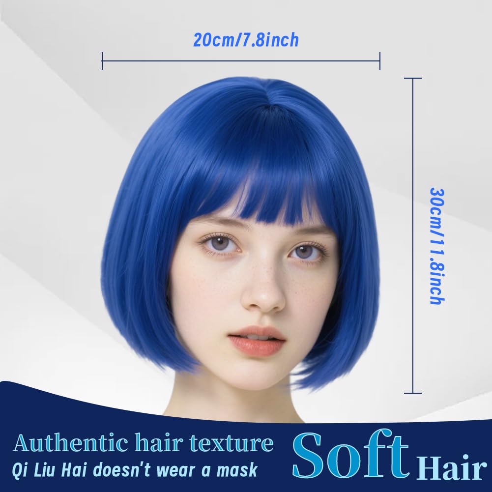 SWZY Short Bob Wig For Women,4pcs Blue Bob Wigs With Sunglasses And Wig Cap,Fancy Dress Short Synthetic Bangs Wigs For Women Natural Looking For Daily Use - Image 3