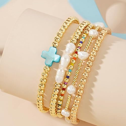 Miniatura 2 de Juego de pulseras de cruz con cuentas de oro de 14 quilates para mujer, elásticas, bohemias, coloridas cuentas cristianas, regalo de moda