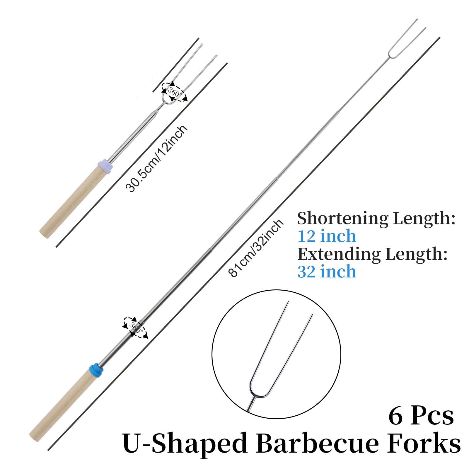 6 forchette da barbecue, bastoncini telescopici per arrostire marshmallow, allungabili, in acciaio inox, a forma di U, con manico in legno, spiedini per barbecue, campeggio, falò, camino, picnic