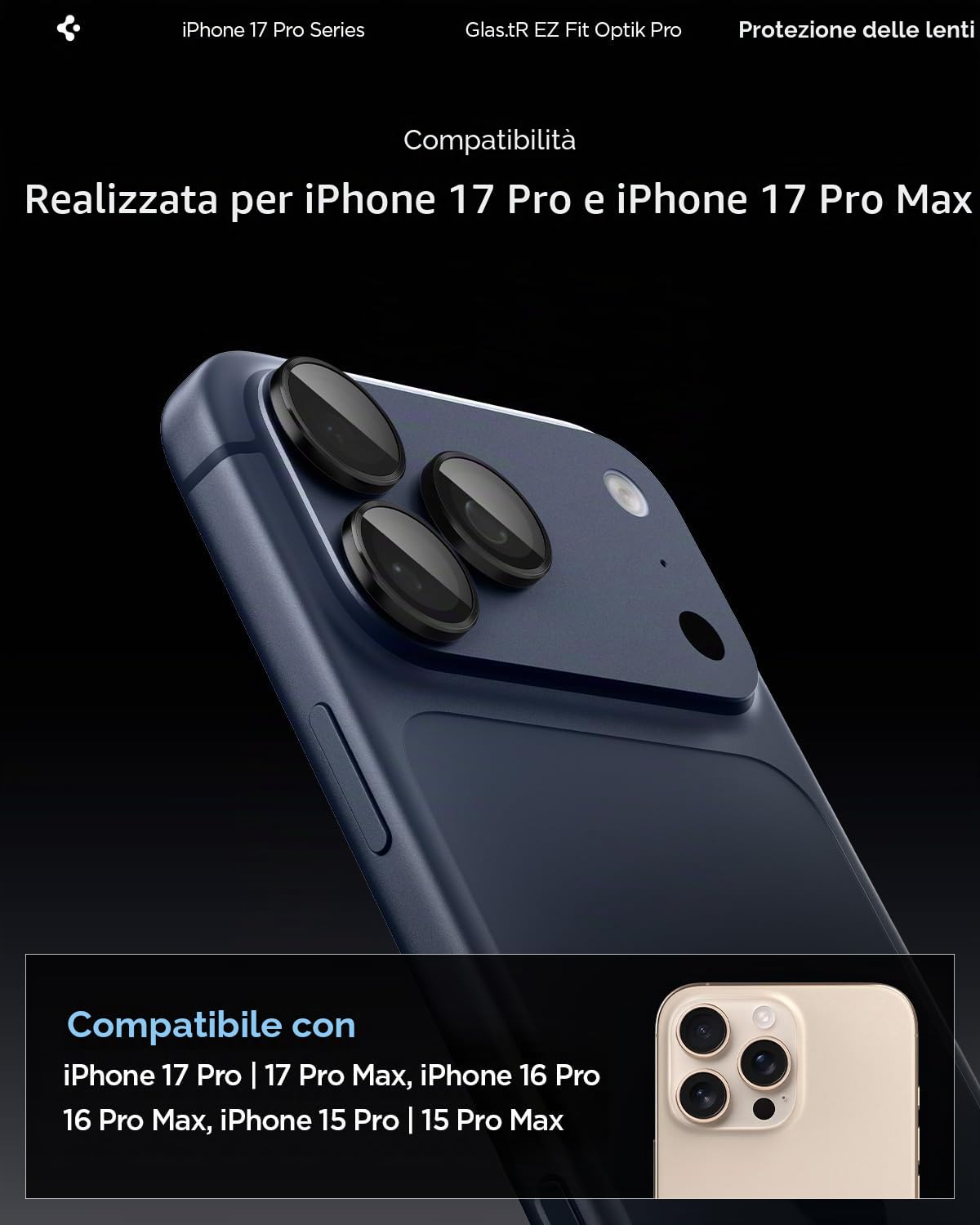Spigen Protezione Fotocamera compatibile con iPhone 15/16/17 Pro, iPhone 15/16/17 Pro Max, 2 Pezzi, Titanio nero, Anello Individuale, Durezza 9H Pellicola prottetiva