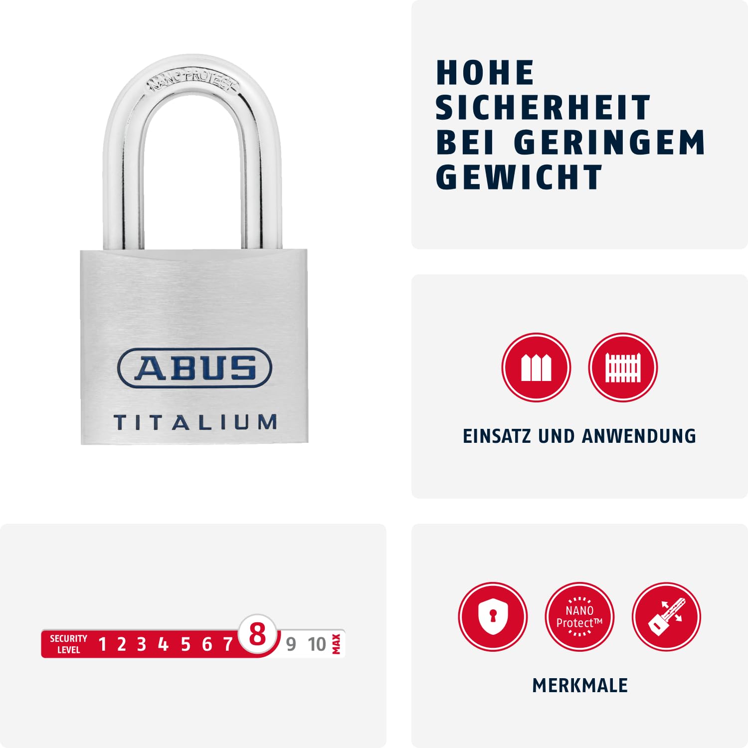 ABUS Candado Titalium 96TI/60 de Aluminio - Nivel de Seguridad 8, Plateado | Cuerpo macizo extraligero, arco acero Nano Protect, llave reversible, cierre automático - 60 mm, 332 g