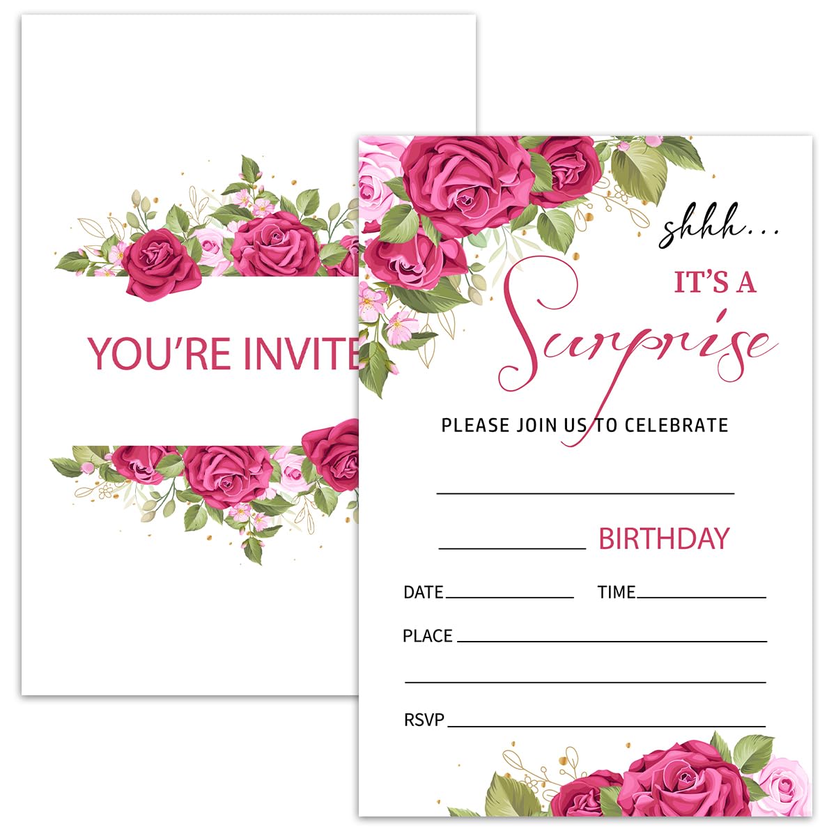 Nopoben Rose Floral Surprise Party Invitation Cards for Women Men, Surprise Birthday Invites for Adult, Party Supplies Favors, 20 Cards With 20
