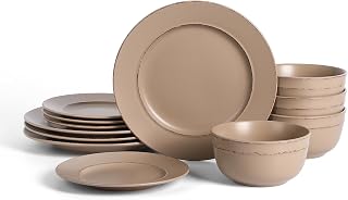 Hazel 12-Piece Stoneware Dinnerware Set, Plates and Bowls Set, Dishwasher and Microwave Safe, Dish Set for 4, Sand