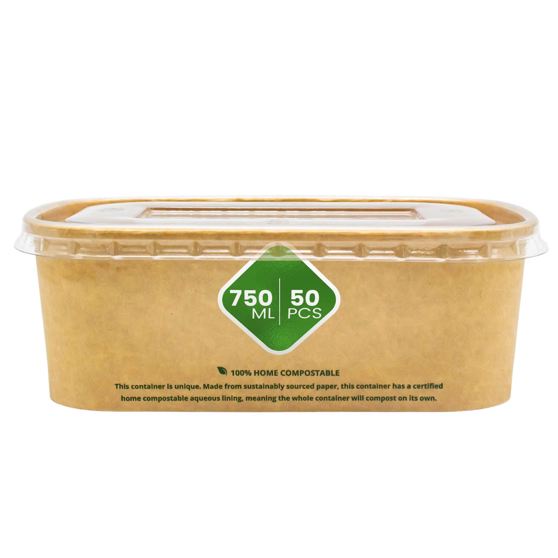 Disposable Green Brown - Nextgen Rectangle Kraft Paper Container With Rpet Clear Lid, Food/Salad Bowl, Leakproof-&-Oil-Proof Containers, Repulpable & Disposable Bowls, 750Ml