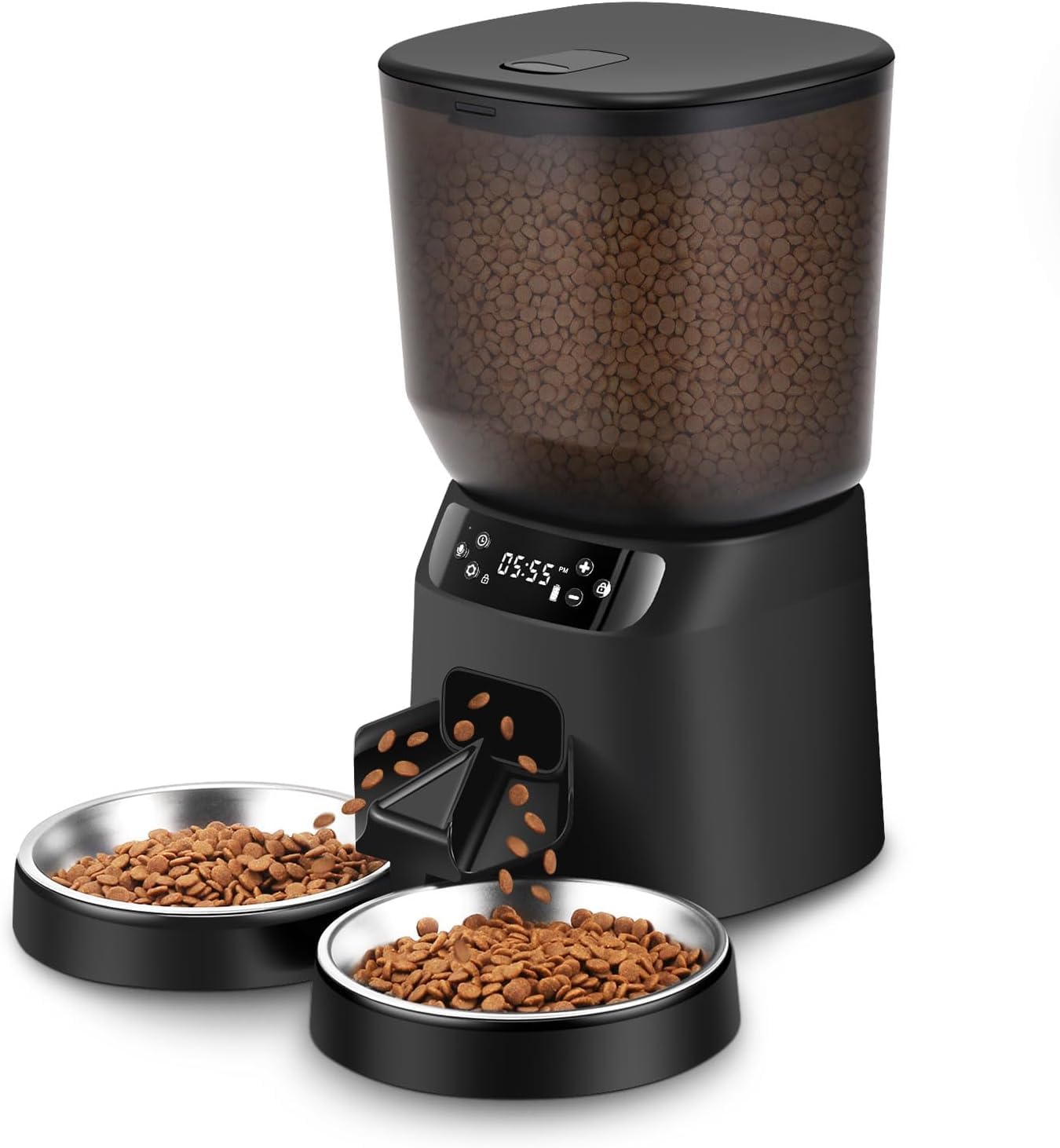 Distributeur Croquettes Chat Automatique Doubles 5L Enregistrement Vocal 10s et 6 Repas Programmables avec Ebols INOX, Anti‑Blocage, Facile à Nettoyer