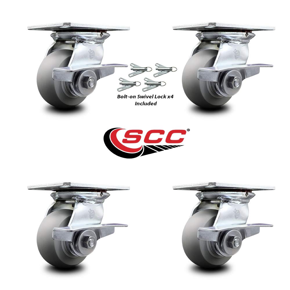 Heavy Duty Large Top Plate Thermo Rubber Donut Tread Swivel Caster Set of 4 w/4" x 2" Gray Wheels - Includes 4 Swivel w/Side Lck Brakes & Bolt on Swivel Locks-1200lbs Total Cpty - Service Caster Brand