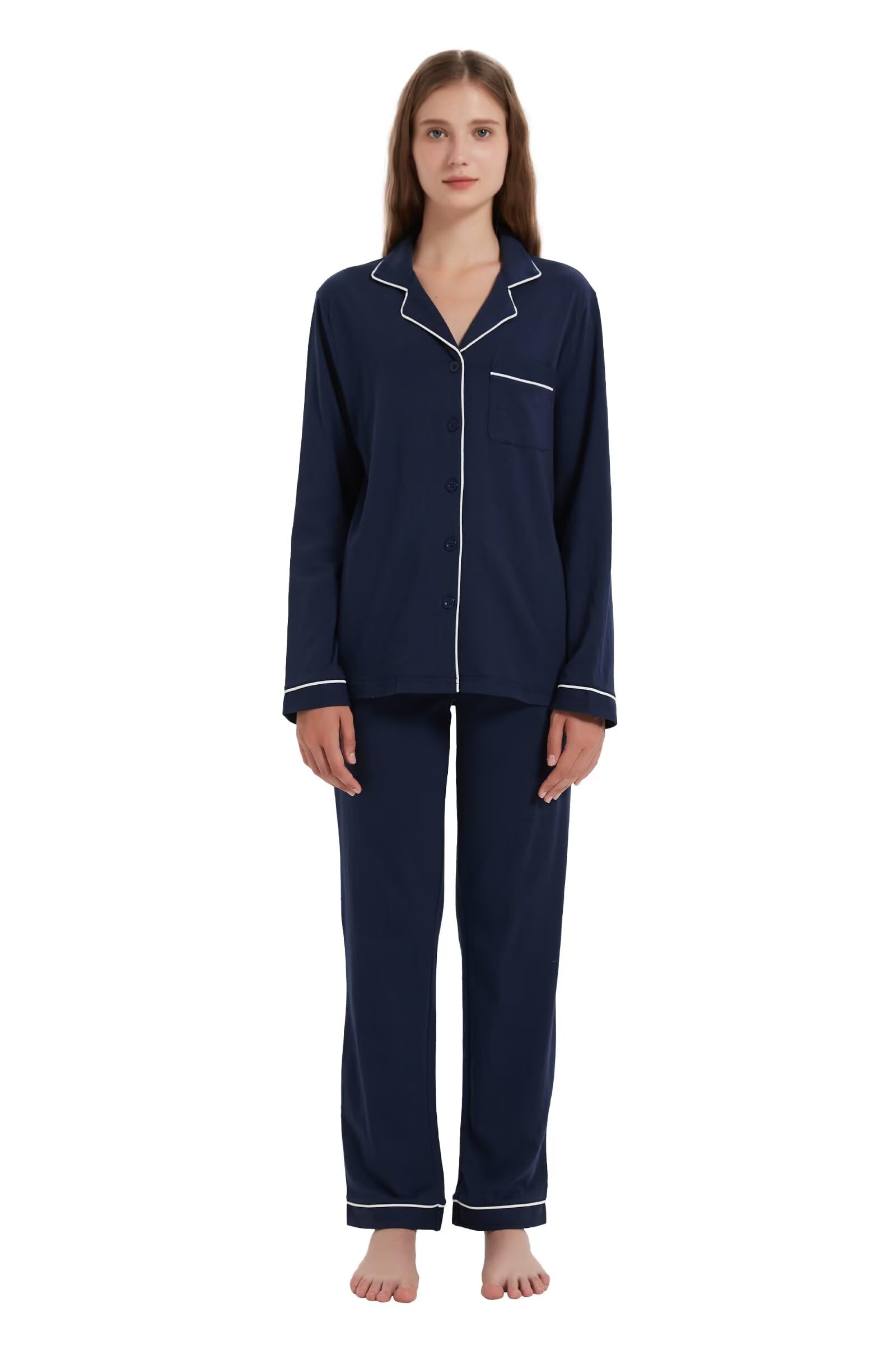 Amaxer Ensemble de Pyjama Coton Femme Vêtements de Nuit Femme 2 Pièces Comfy Manches Longues Bouton Down Col V Femme Pyjamas Set S-XXL