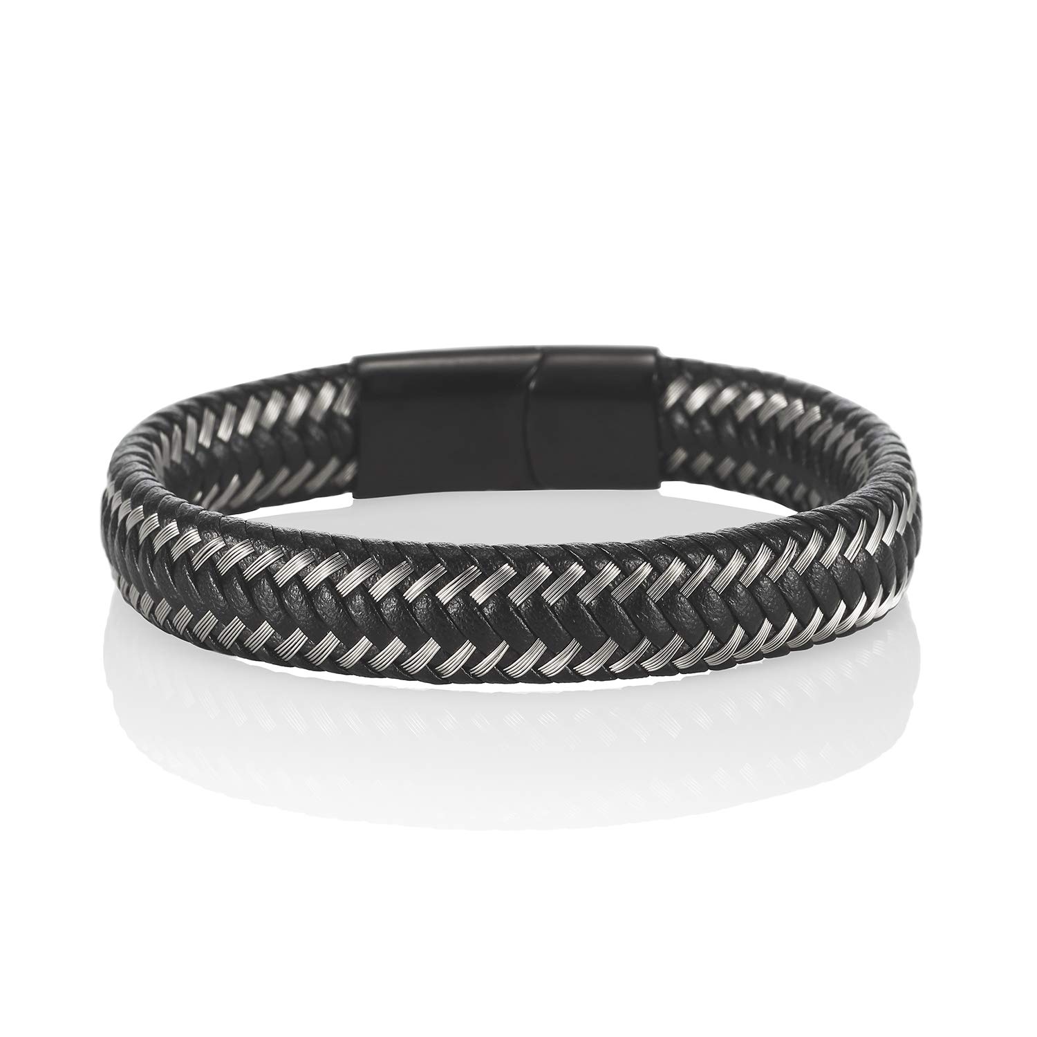 namanaPulsera de Acero y Cuero para Hombre. Pulsera con Cuerdas Entretejidas de Cuero y Acero. Pulsera para Hombre con Caja de Regalo