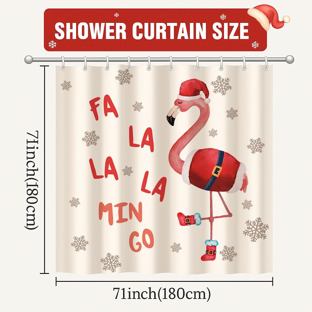 GPGHE Flamingo Christmas Decorations Funny Shower Curtain Flamingo Holiday Bath Curtain Decor with 12 Hooks 71x71 Inch