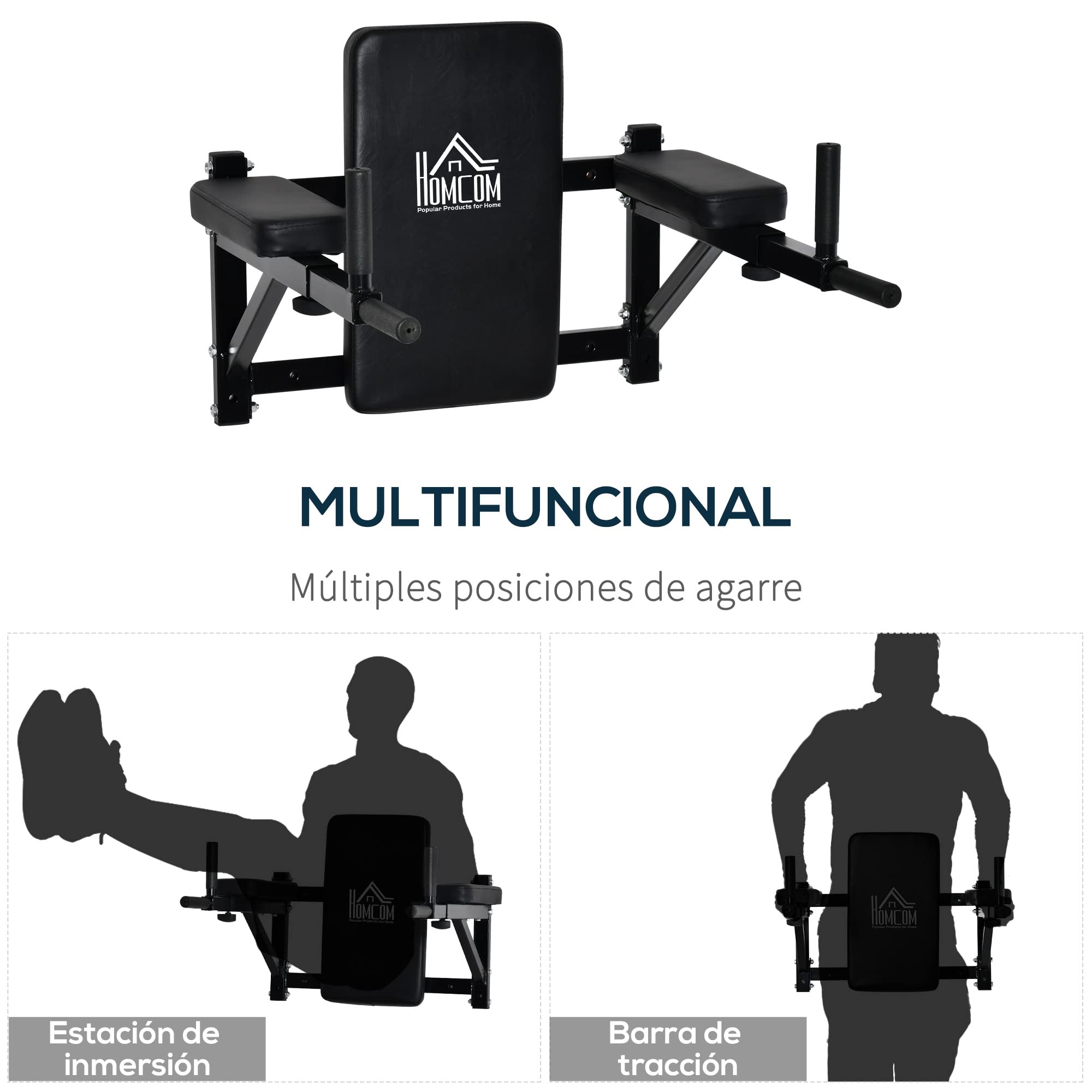 HOMCOM Barra de Musculación Ajustable para Pared con Brazos Regulables para hacer Dominadas Flexiones en Casa 70x53-63x48 cm Negro