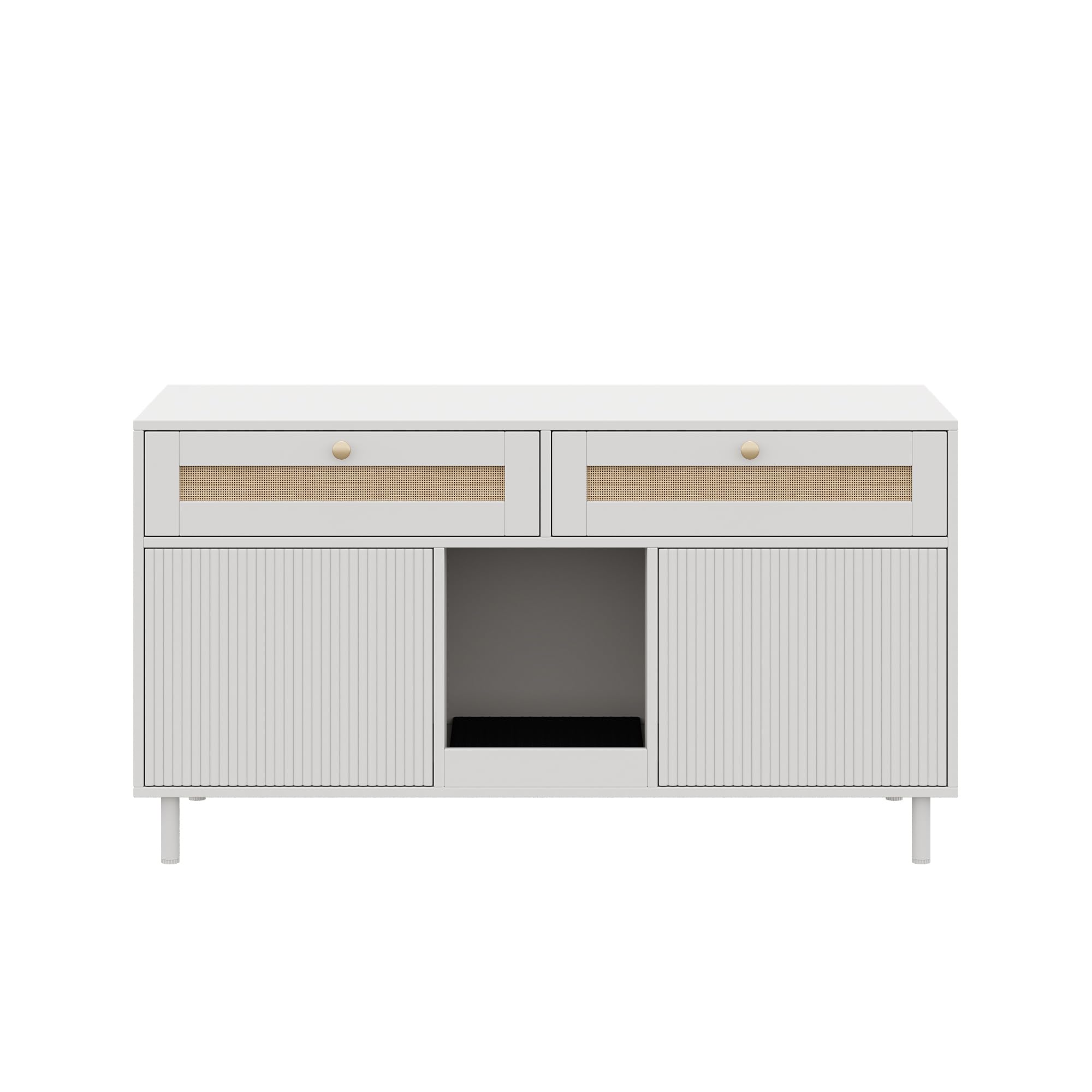 Katzentoilettenschrank mit Katzenstreufangmatte, Katzenstreuschrank, Haustierschrank mit Rattanschublade, Haustier-Sideboard/TV-Schrank, ohne Katzenstreu-Box, Weiß, 120x50x65 cm