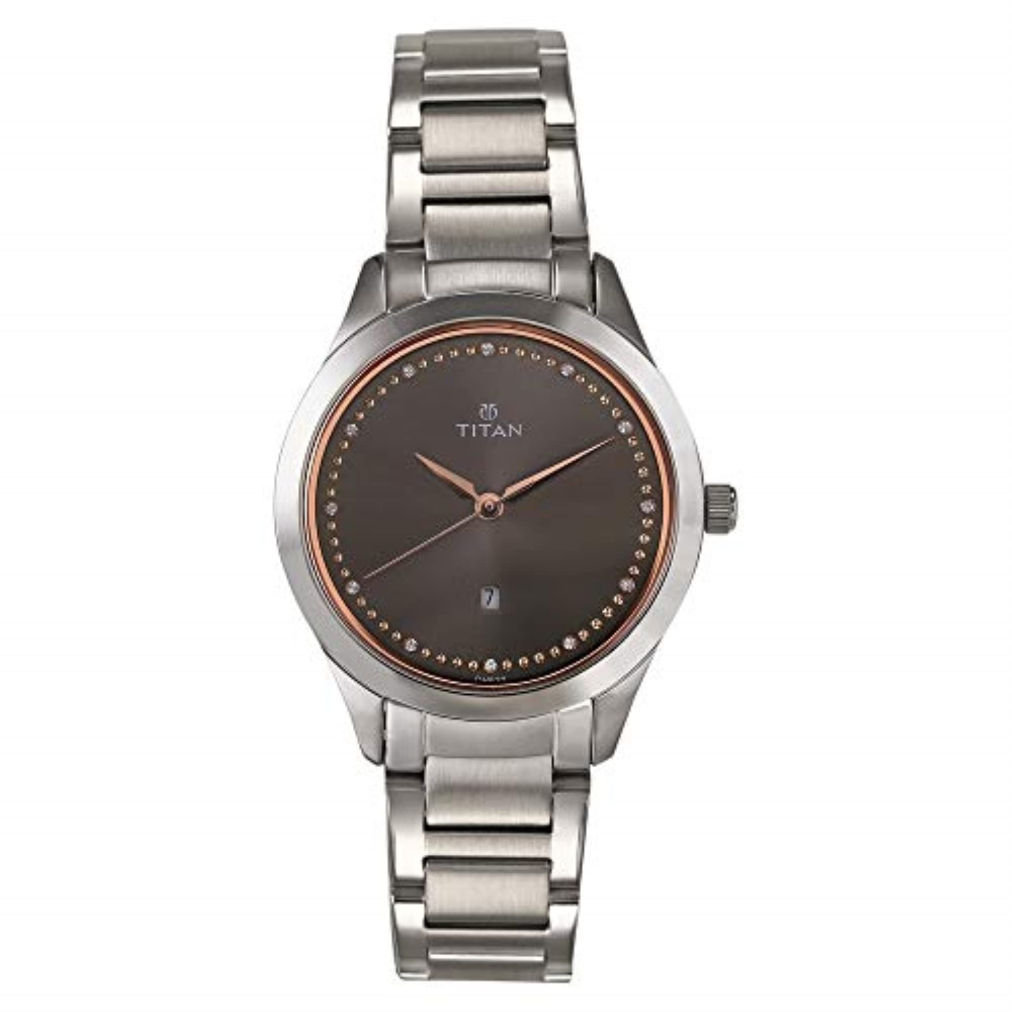 Titan Sparkle Womens Quartz Analog Watch - Silver Band - Black Face with Rose Gold Hands and Swarovski Crystals