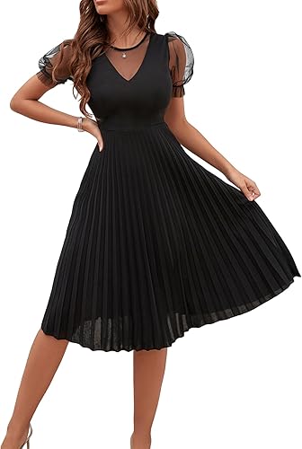 WDIRARA Vestido de malla transparente con mangas abombadas para mujer, de talle alto, elegante, plisado, color liso, multicolor, talla XL, Varios