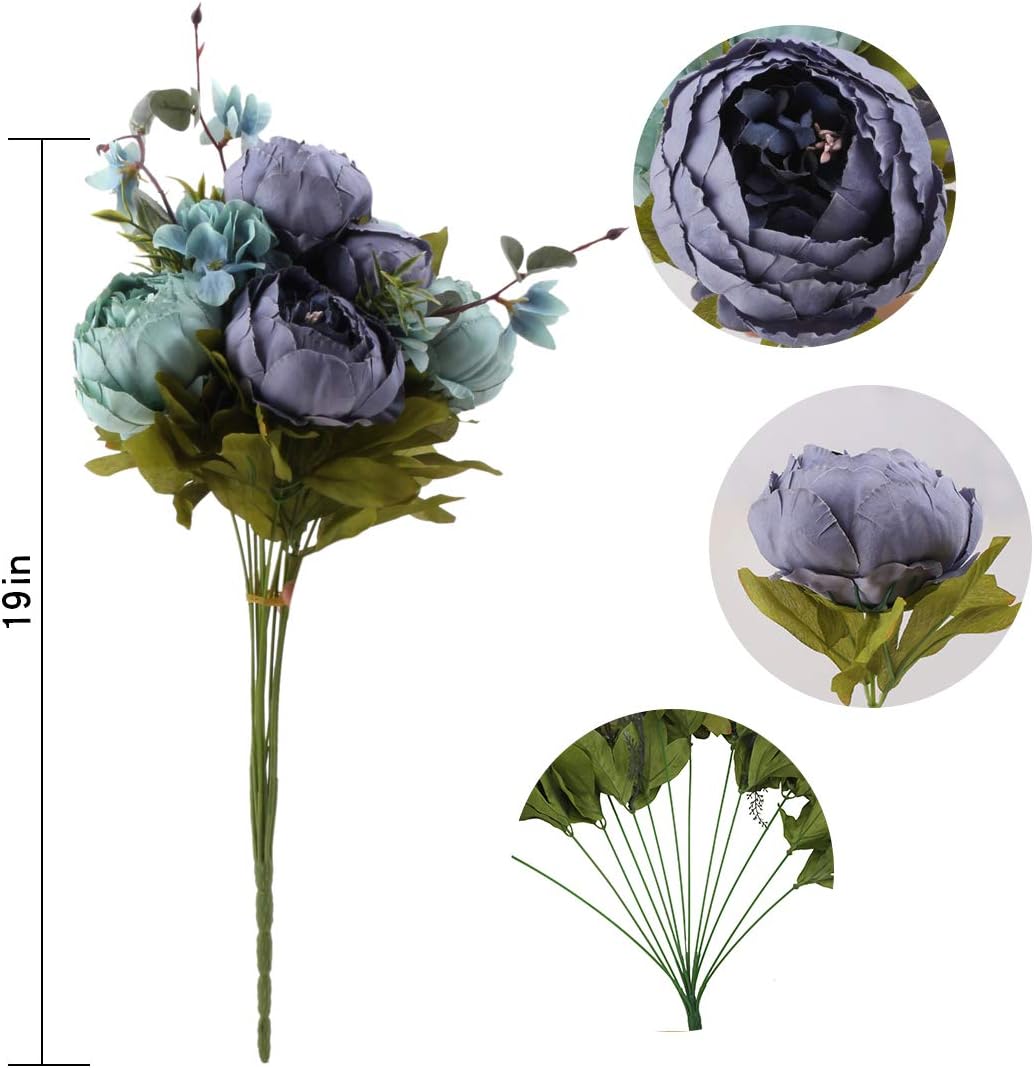 Flojery Silk Peony Bouquet Vintage Artificial Peonies Flower for Home Wedding Party Decor (1pcs, Blue) - Image 2