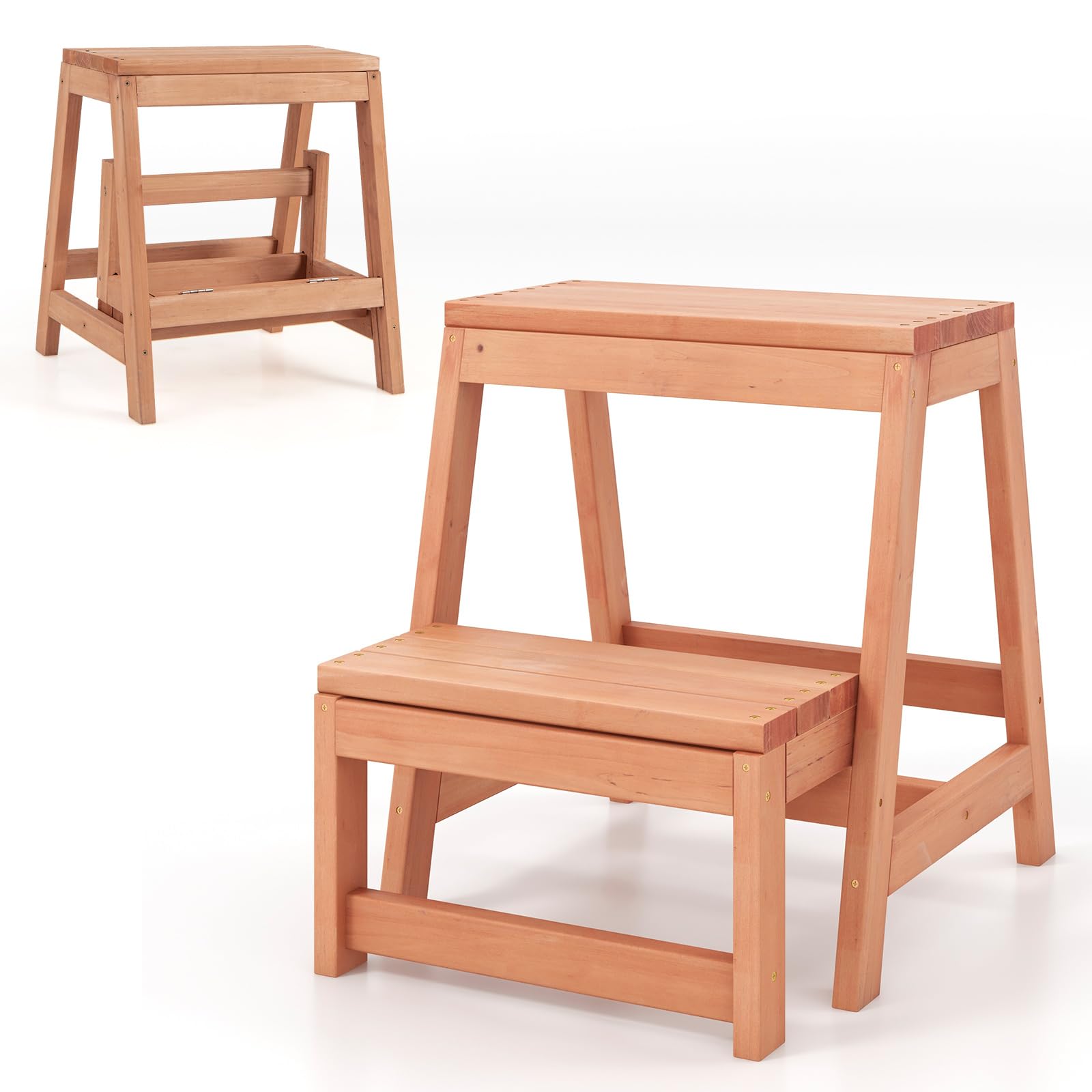 COSTWAY Escalera Plegable, Escalera Multifuncional de 2 Peldaños de Madera, Taburete Escalera Plegable para Niños y Adultos, Soporte para Plantas para Cocina, Dormitorio, Natural